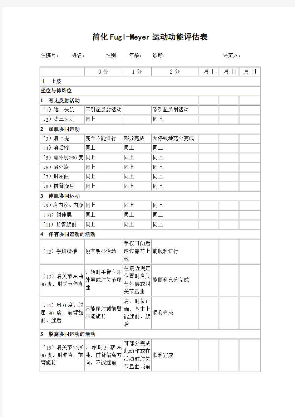 (完整版)最新简化Fugl-Meyer运动功能评分法