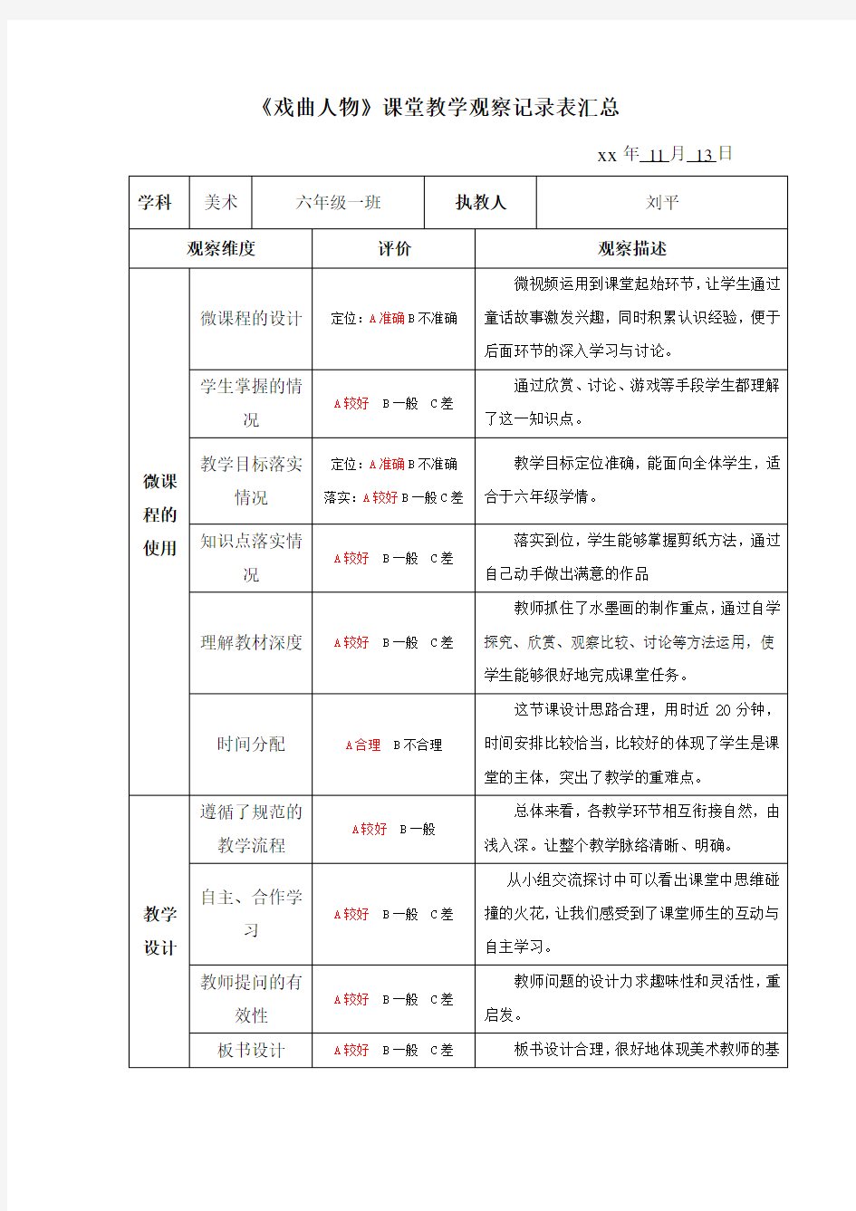 人美版小学美术六年级上册《戏曲人物》听课评课记录