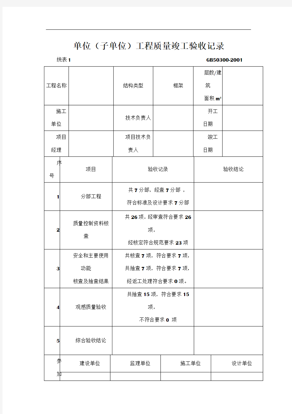 单位工程施工质量验收记录 竣工统表