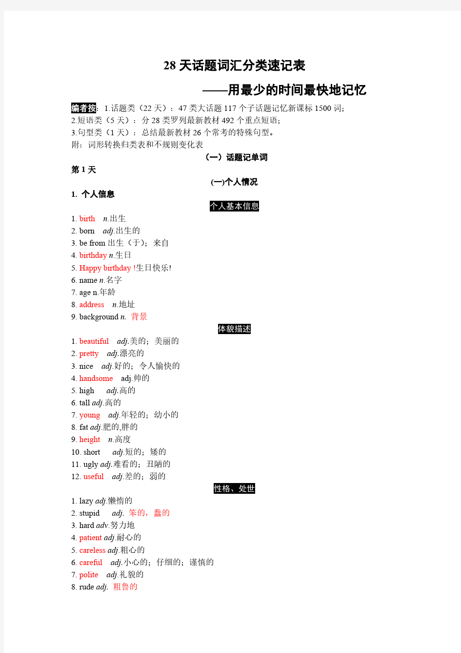 28天话题词汇分类速记表