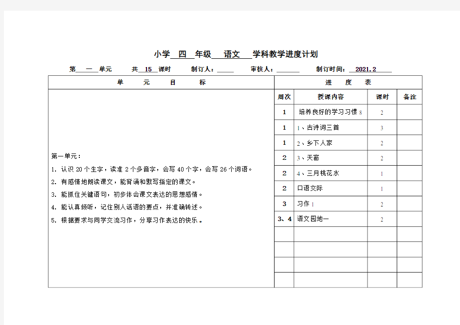 部编版四年级下册各学科教学计划汇总