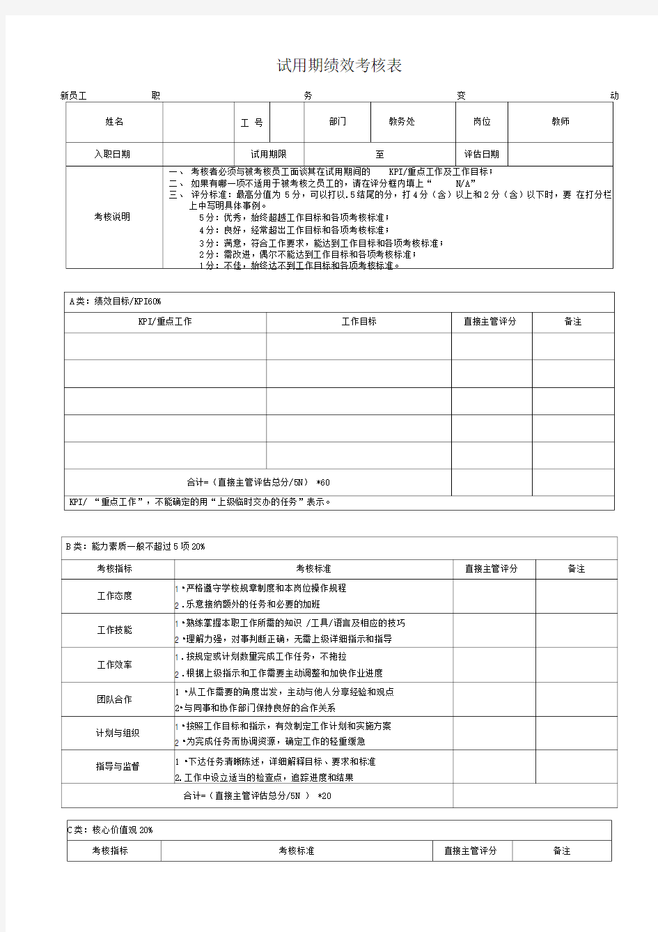 教育培训机构员工试用期绩效考核表