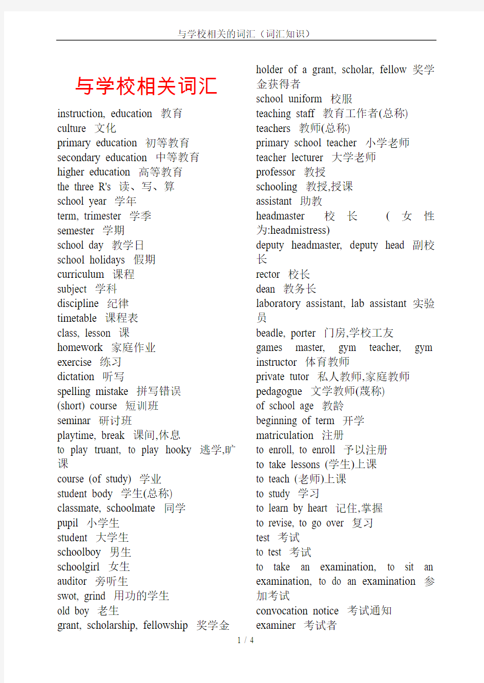 与学校相关的词汇(词汇知识)