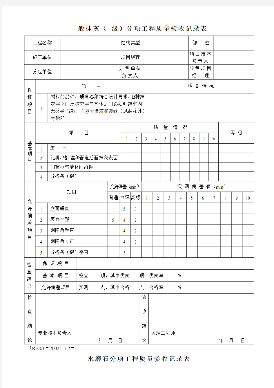 土建、装饰装修分部分项工程验收记录表大全