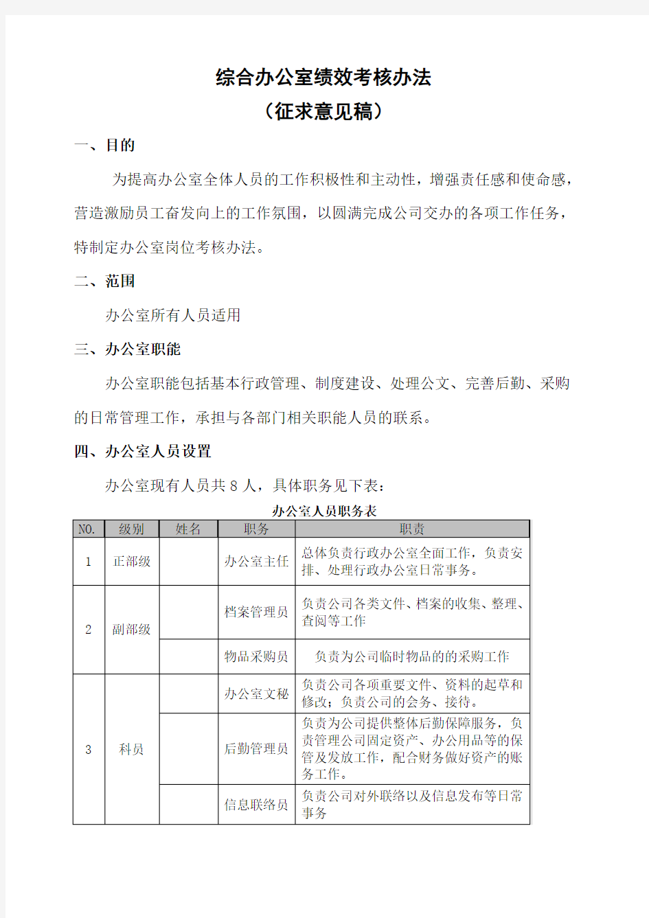 办公室绩效考核方案 