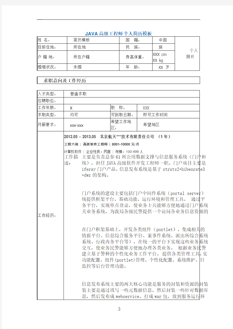 JAVA高级工程师 个人简历模板