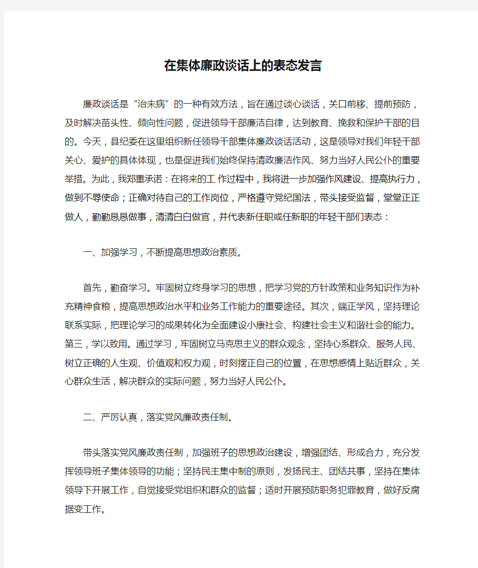 在集体廉政谈话上的表态发言