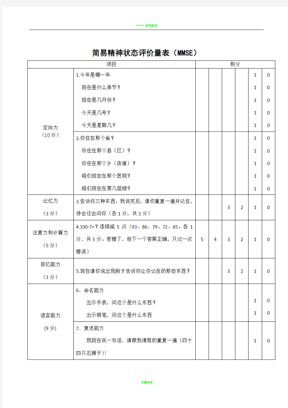 简易精神状态评价量表(MMSE量表)