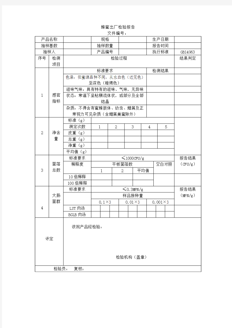 蜂蜜出厂检验报告样本