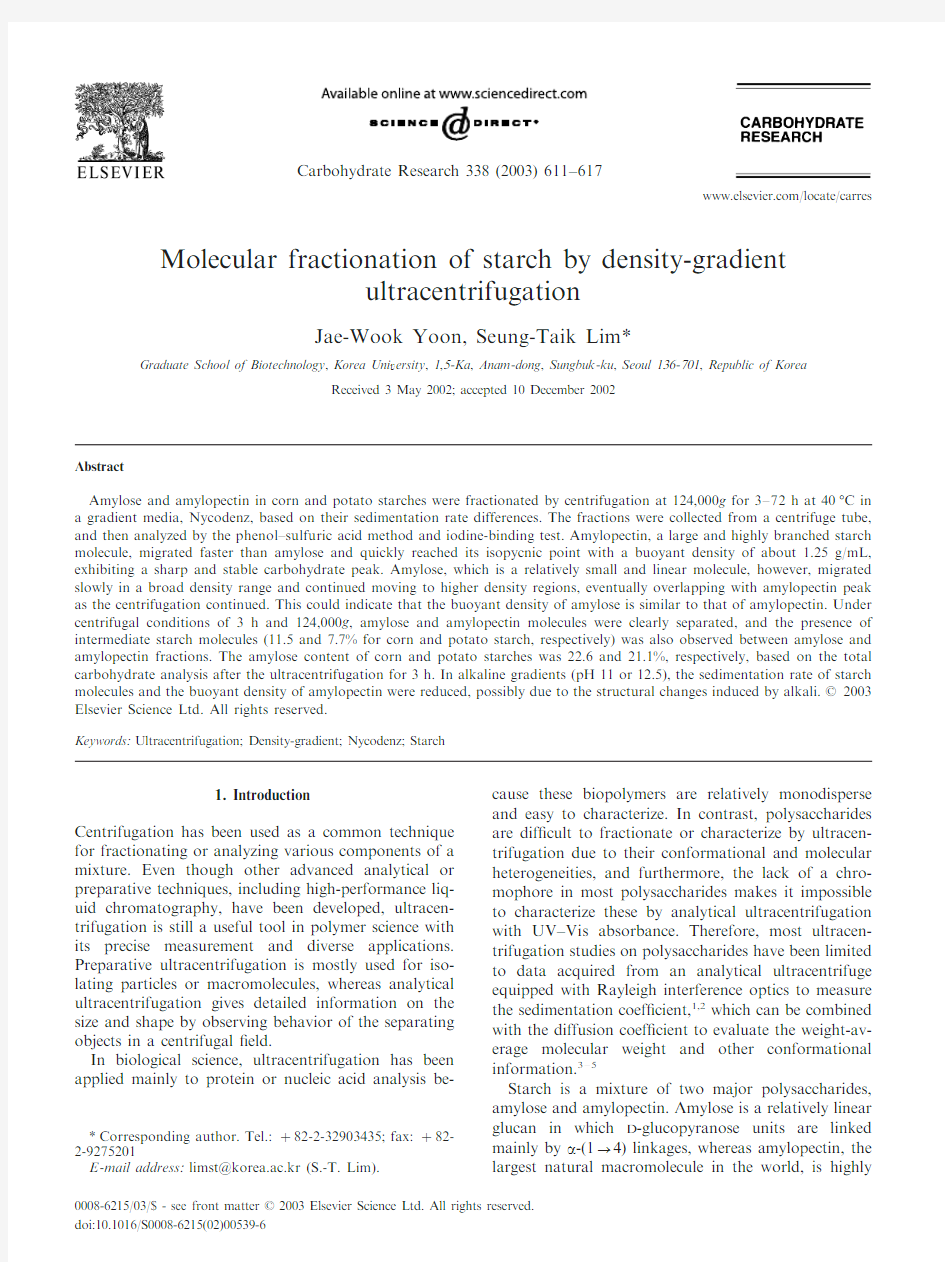 打印 Molecular fractionation of starch by density-gradient ultracentrifugation