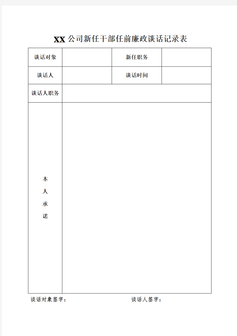 XX公司新任干部任前廉政谈话记录表