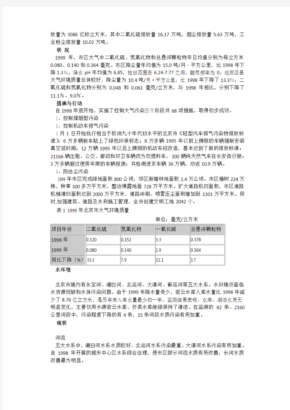 1999年北京市环境状况公报