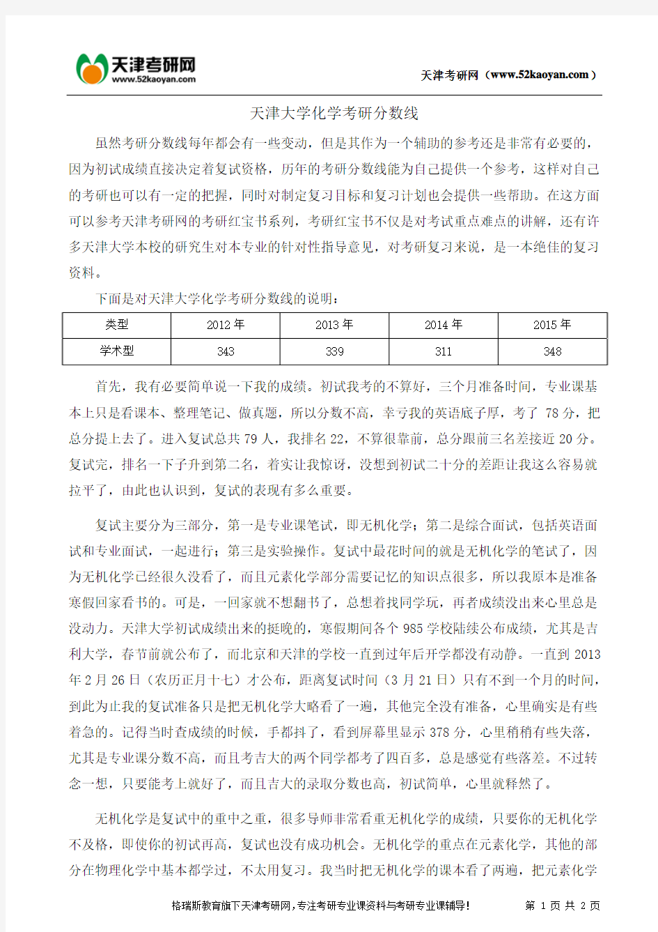 天津大学化学考研分数线