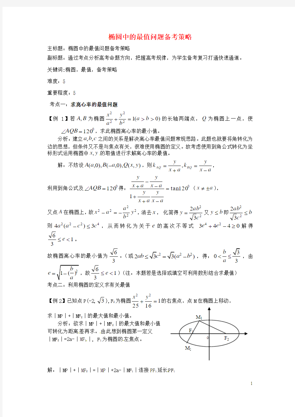 2016年高考数学复习 专题15 解析几何 椭圆中的最值问题备考策略