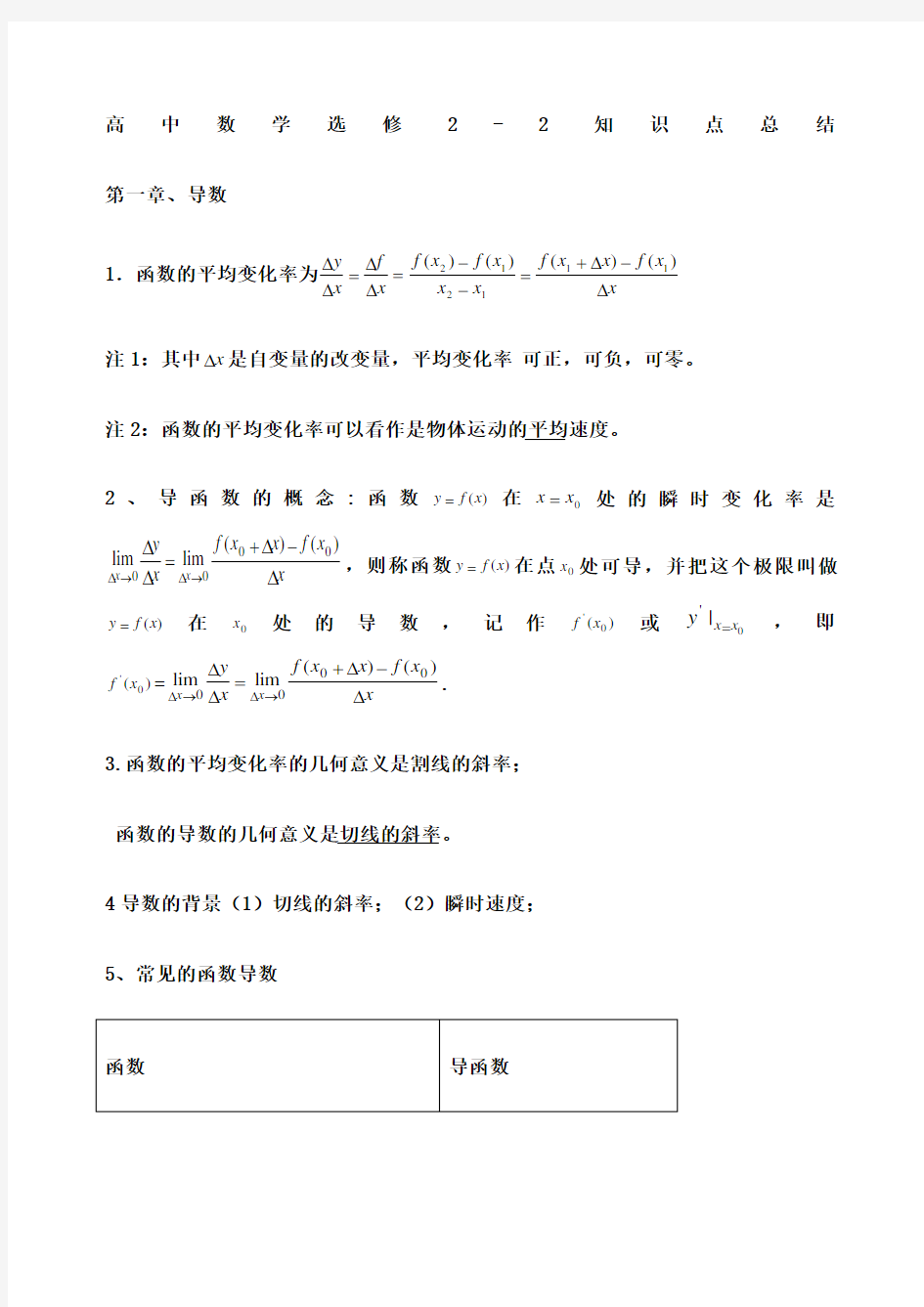 高中数学选修知识点总结版