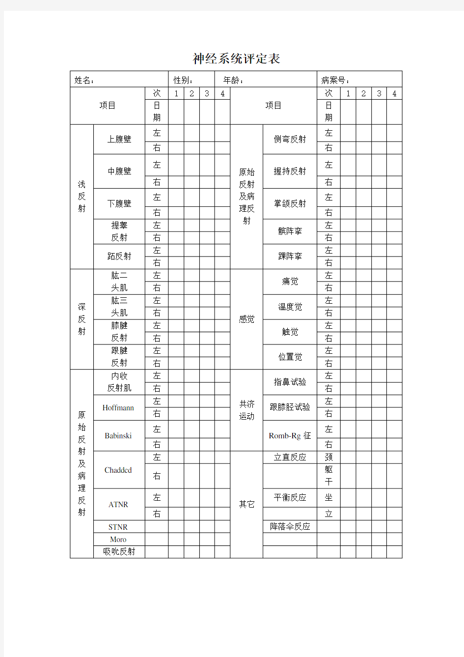 神经系统评定表