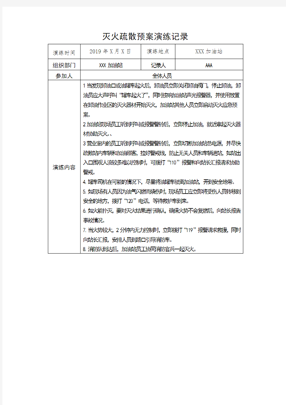 加油站消防灭火疏散预案演练记录汇编