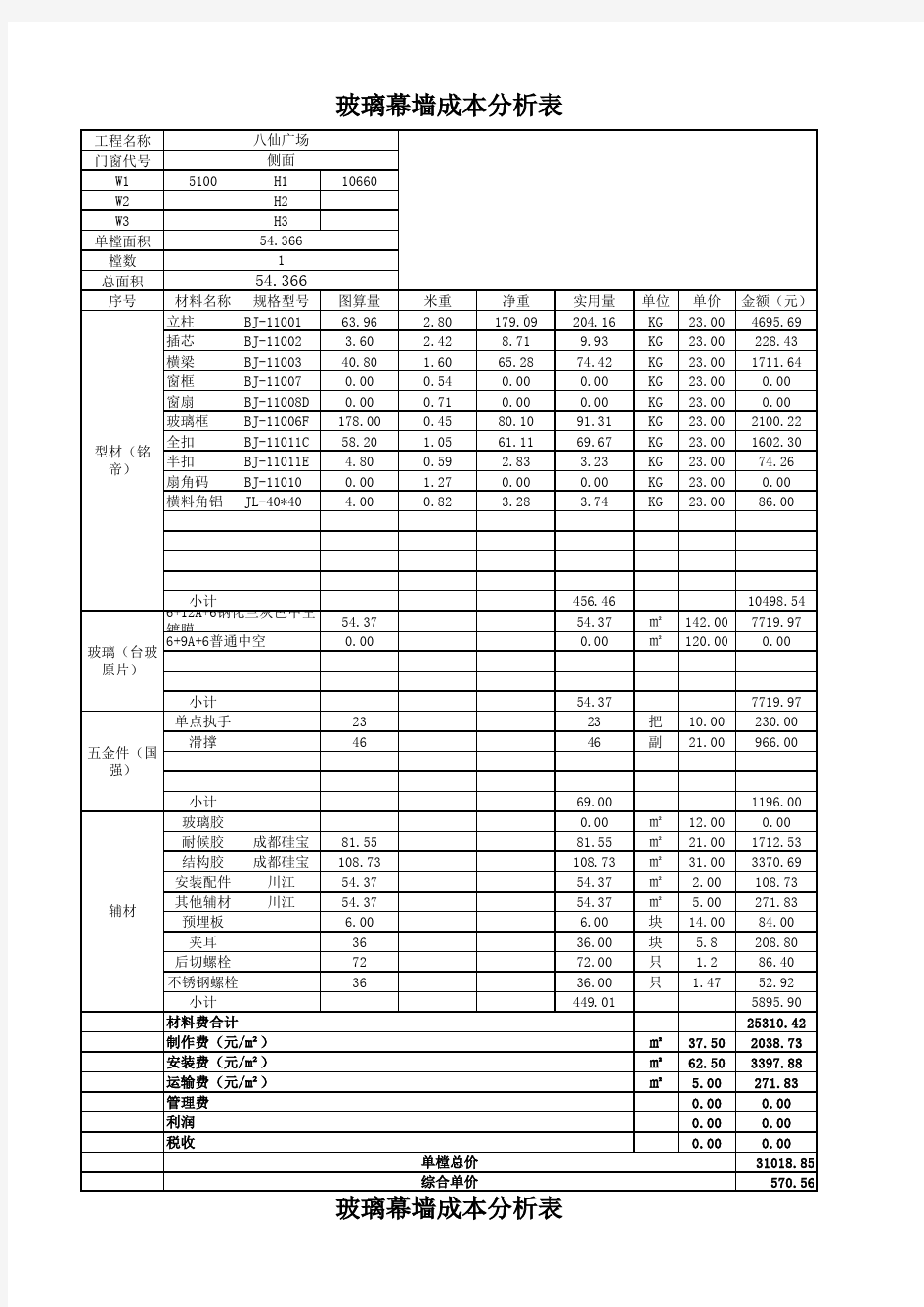 玻璃幕墙成本分析表(国强)知识讲解