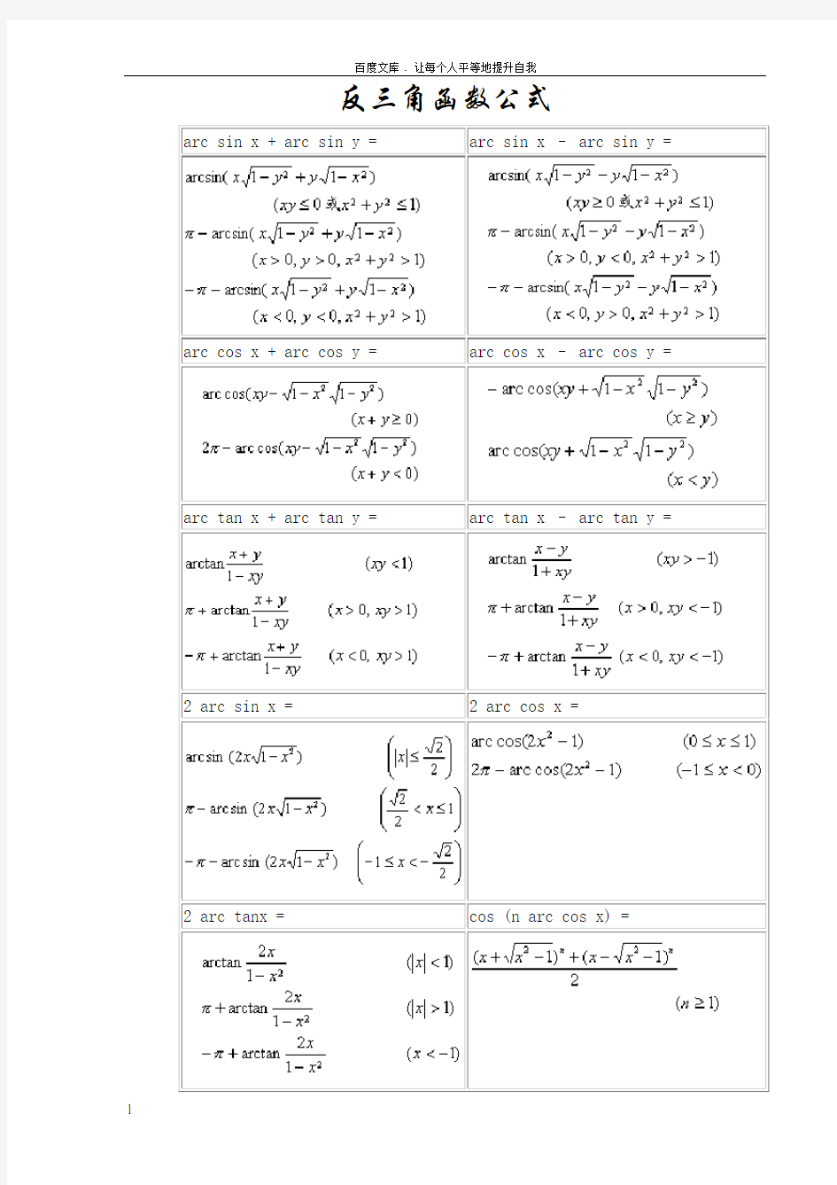 常用反三角函数公式表