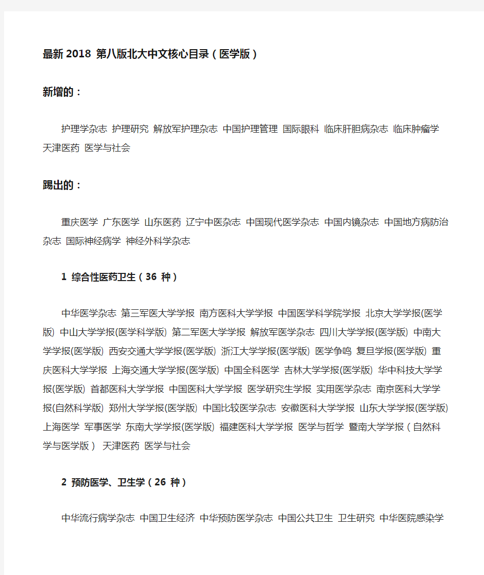 最新2018 第八版北大中文核心目录(医学版)
