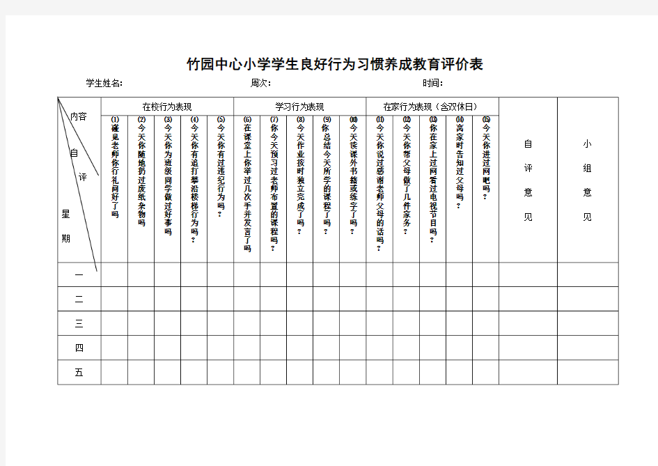 小学学生良好行为习惯养成教育评价表