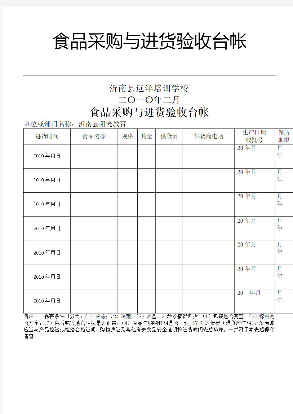 食品采购进货台帐记录