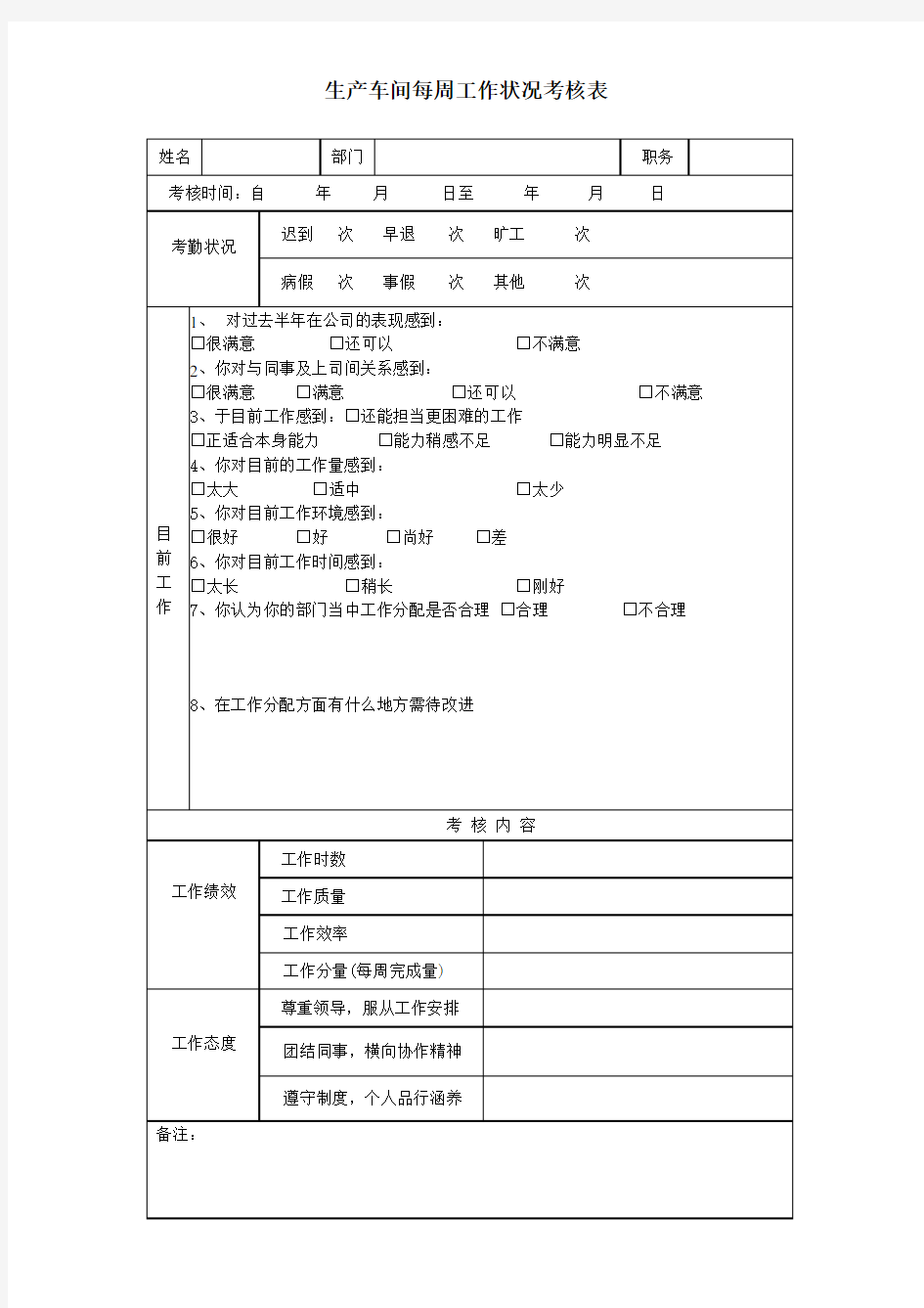 工厂生产车间考核表格