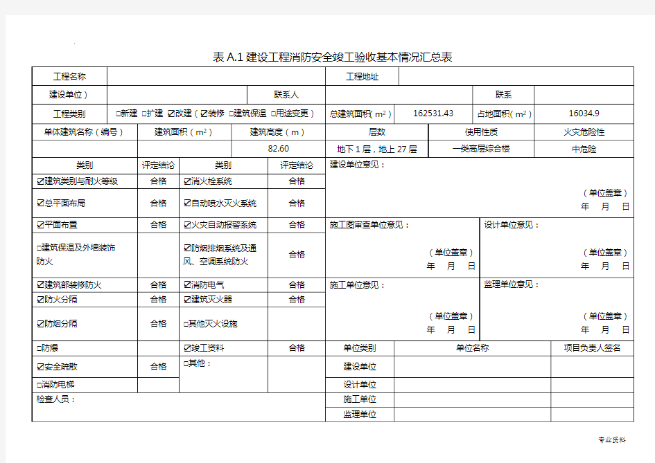 重庆市建设工程消防安全质量竣工验收表(范例)