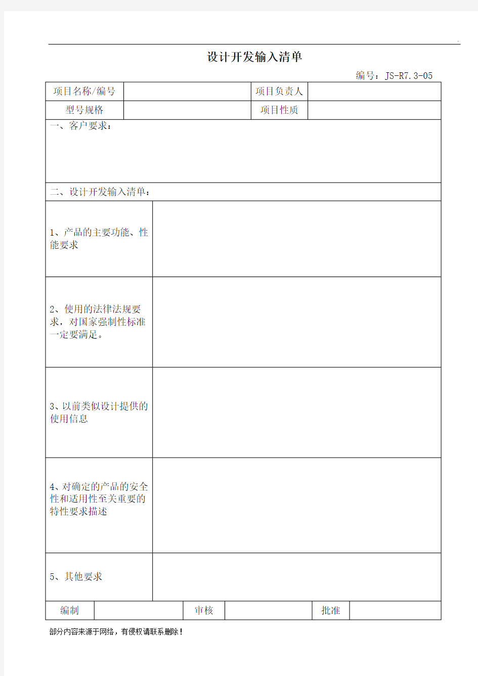 设计和开发输入清单