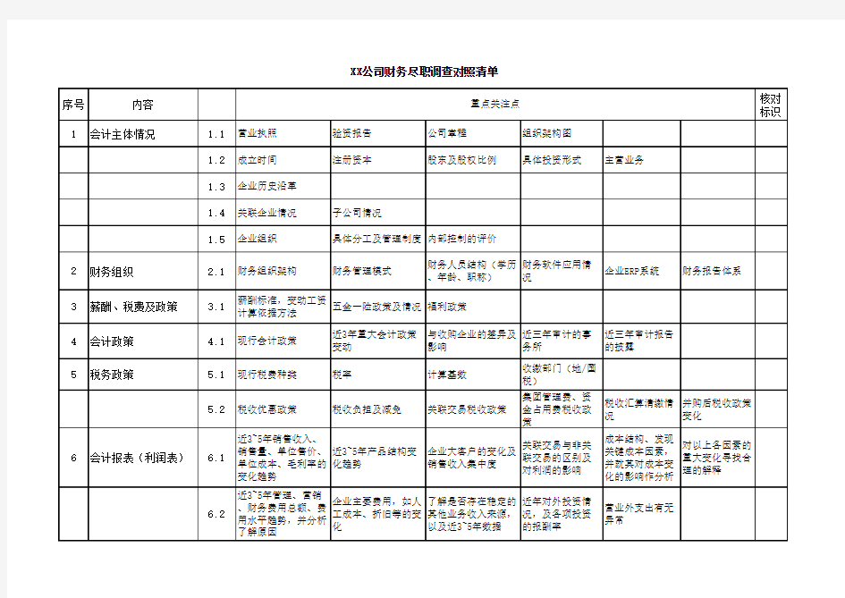 财务尽职调查对照表