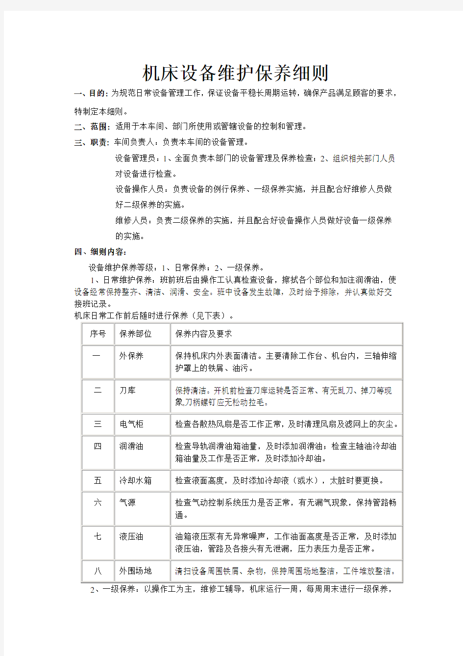 加工中心机床设备维护保养细则