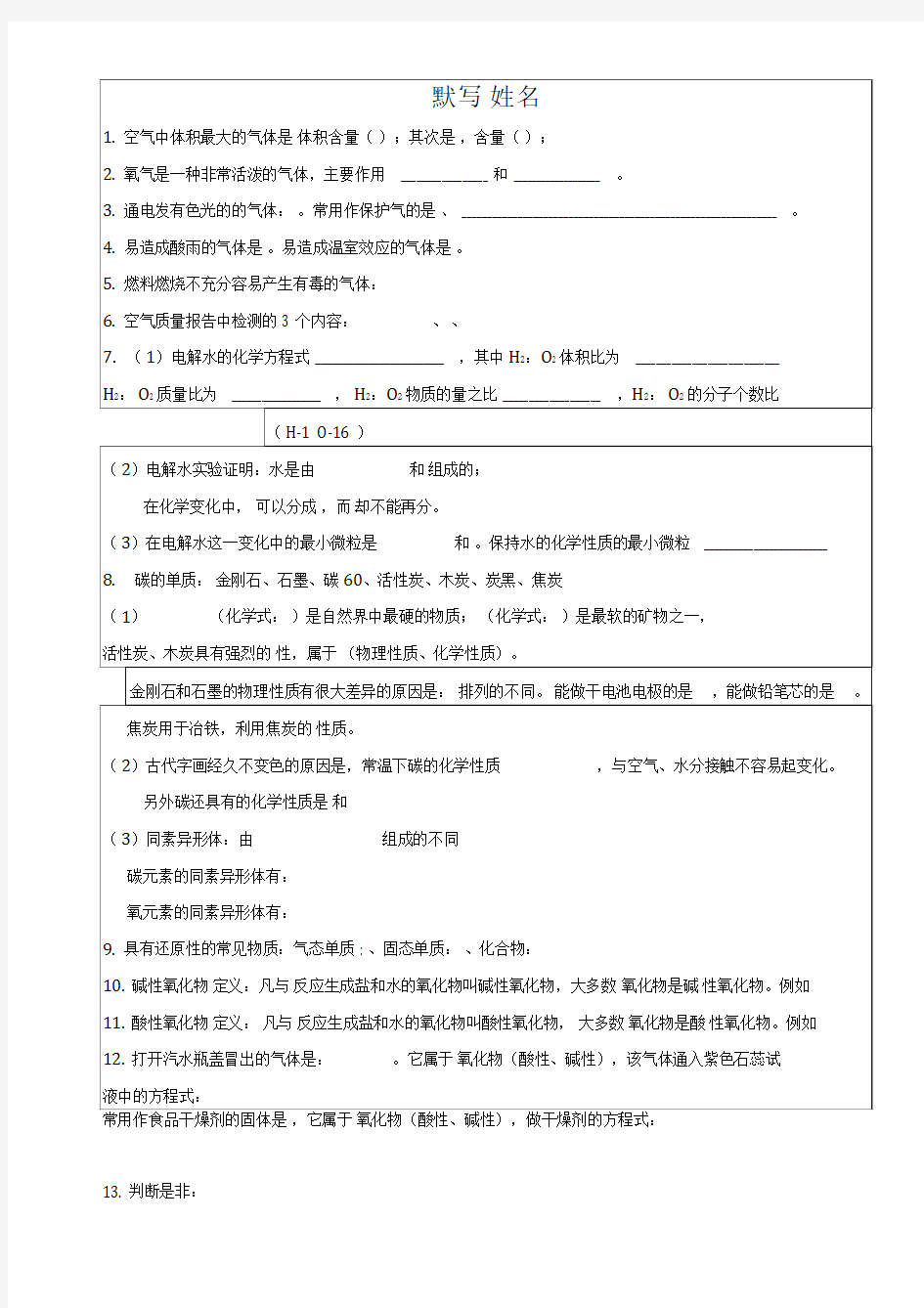 上海初三化学基础知识默写资料