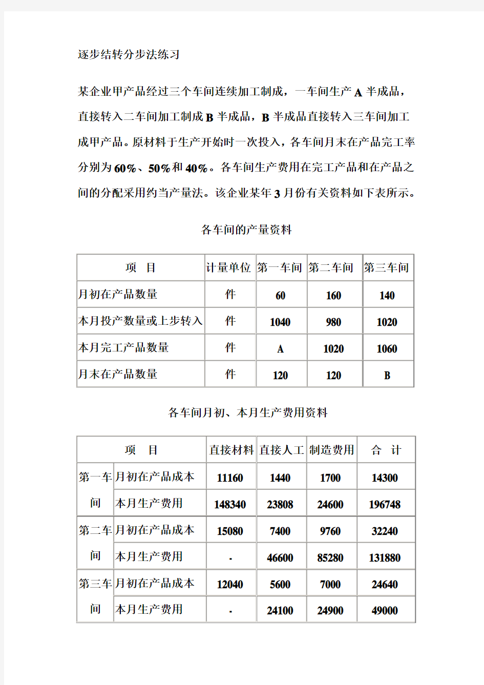 逐步结转分步法练习