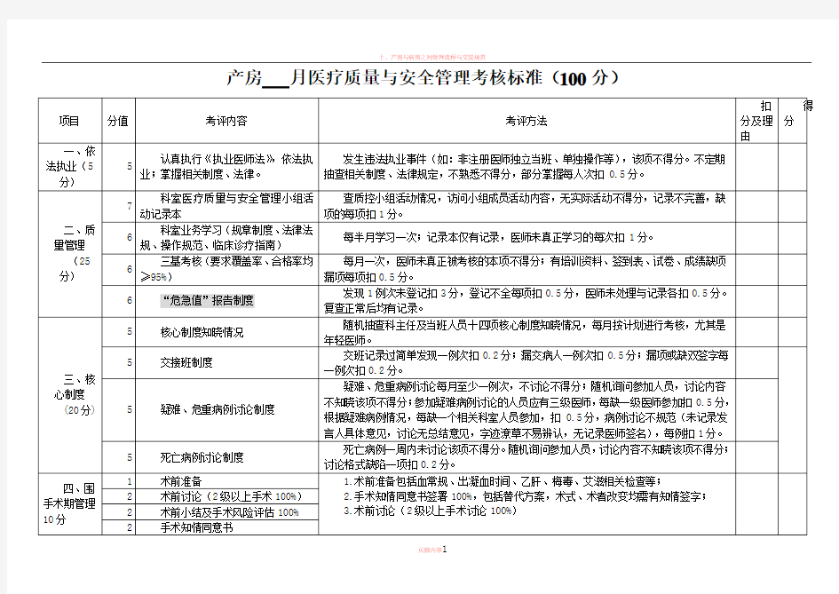 产房医疗质量与安全管理考核标准