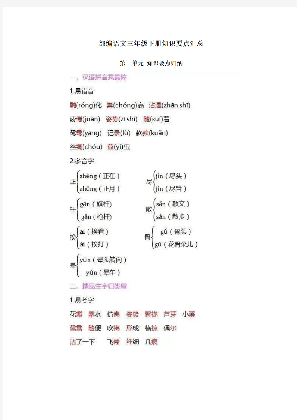 统编版三年级语文下册全册知识要点汇总