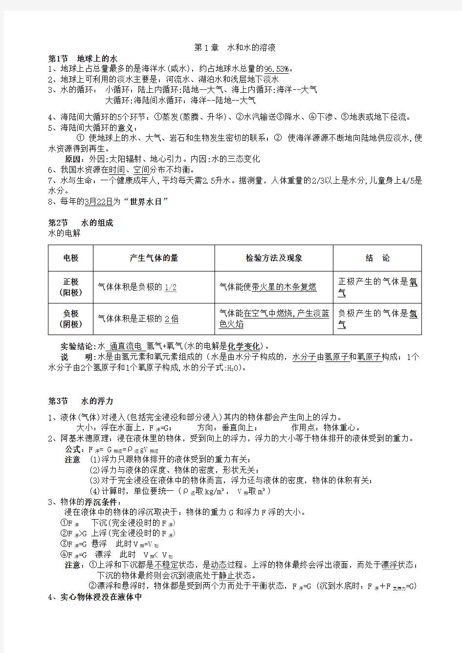 浙教版八年级上册科学知识点汇总(最新版,超实用)