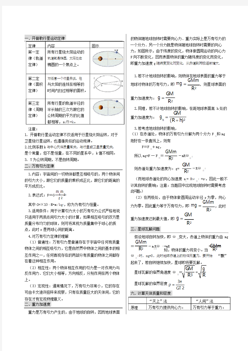 万有引力定律知识点总结