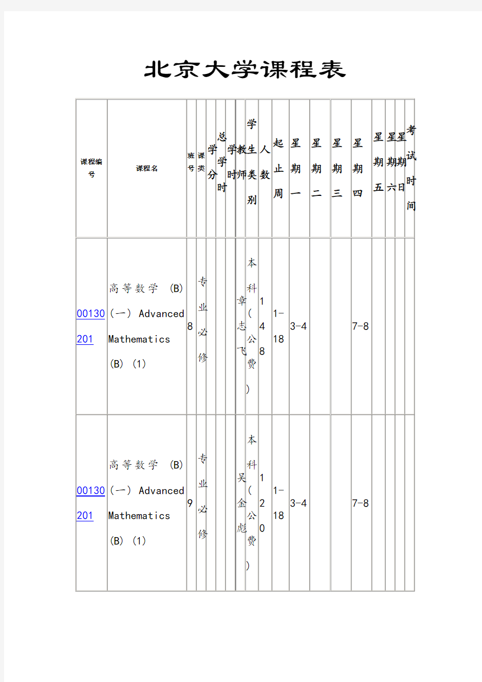 北京大学经济学课程表