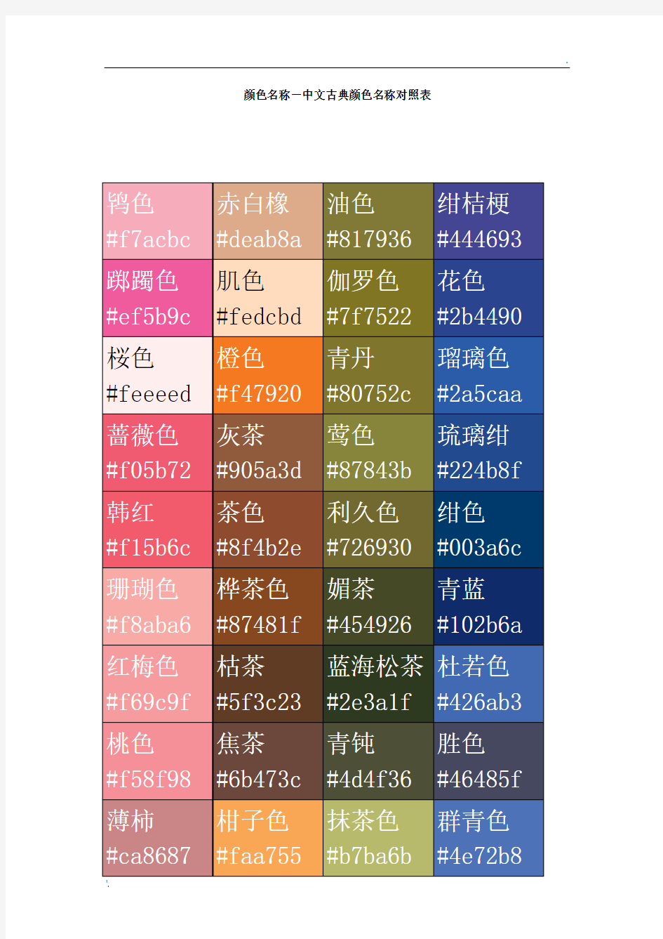 颜色名称-中文古典颜色名称对照表