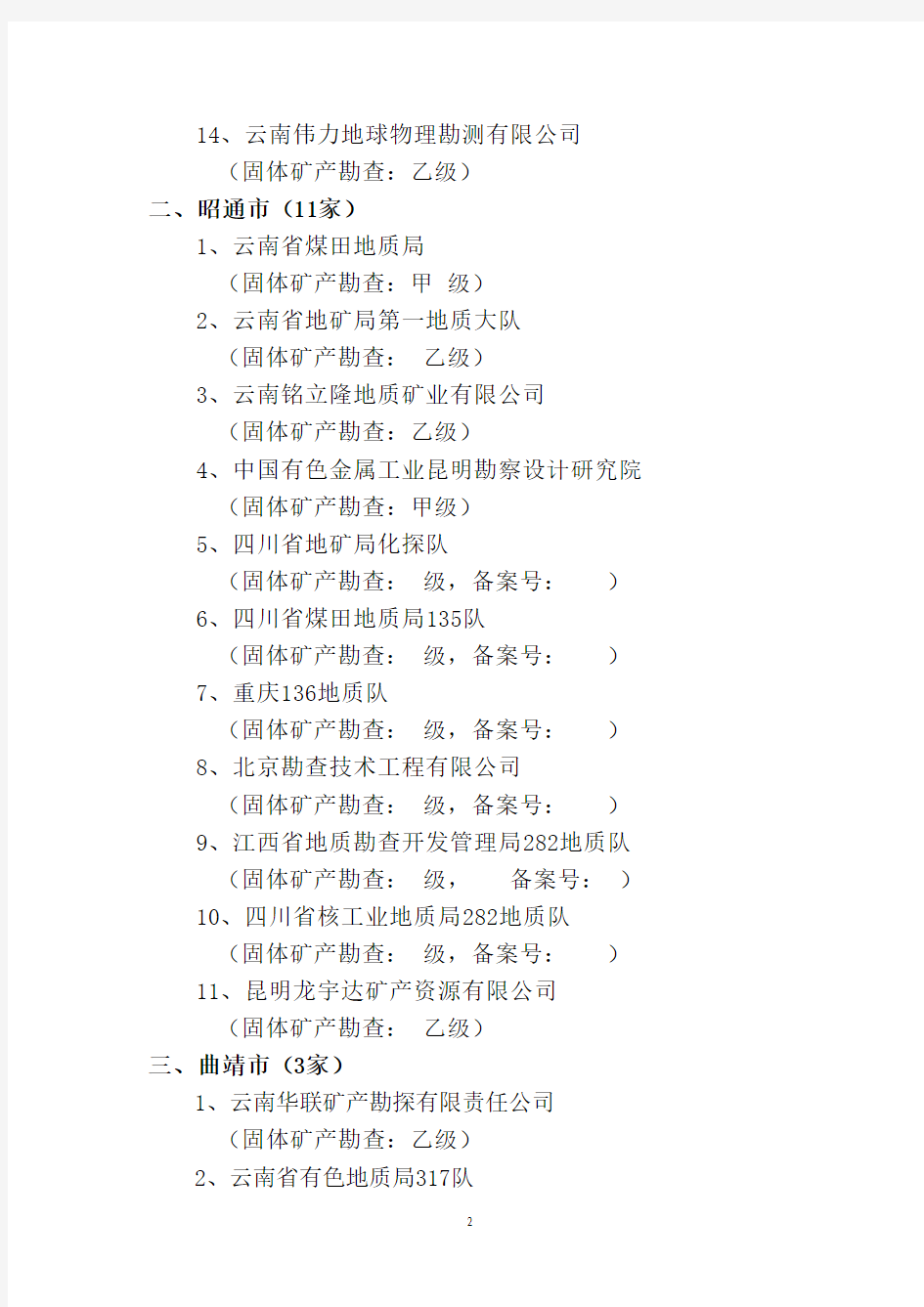 拟从事云南省矿山储量动态测量机构名单20130530