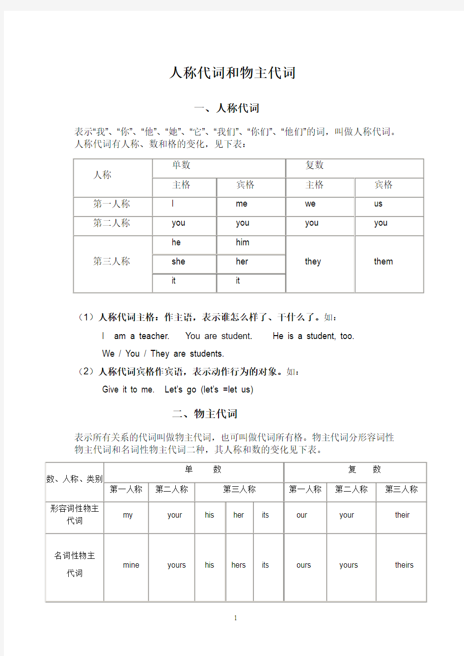 英语中人称代词和物主代词的表格