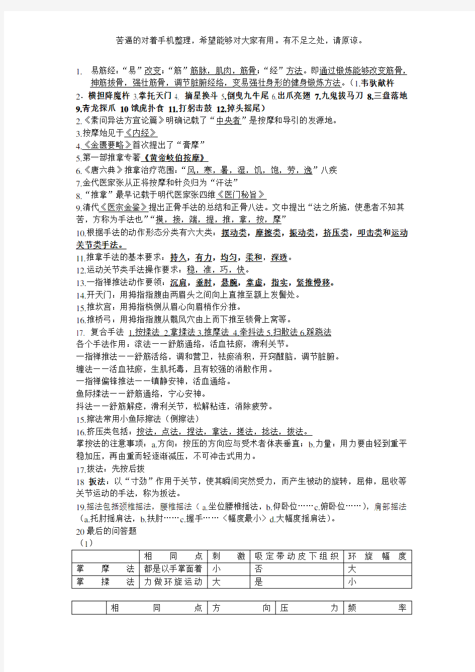 推拿手法学重点