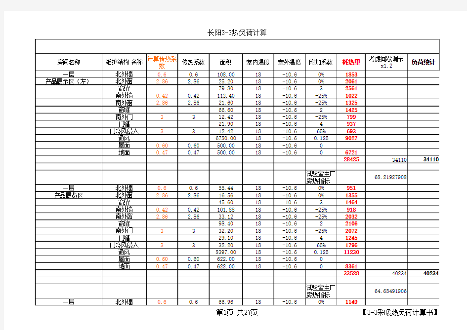 暖通项目采暖热负荷详细计算表(内部)