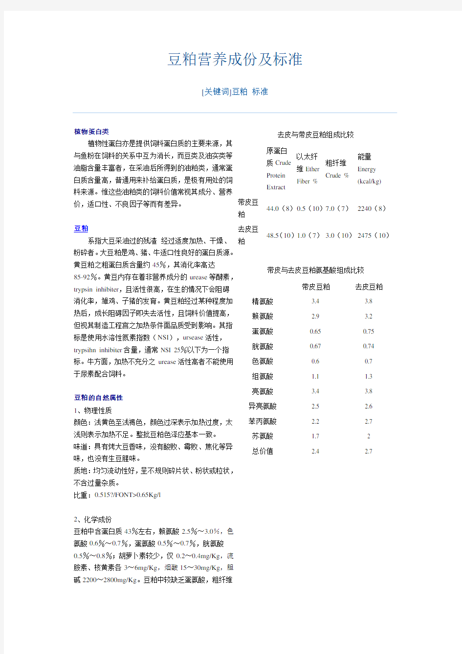 豆粕营养成份及标准