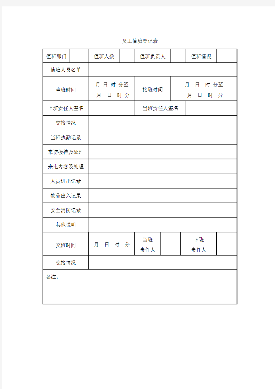 员工值班登记表样本模板