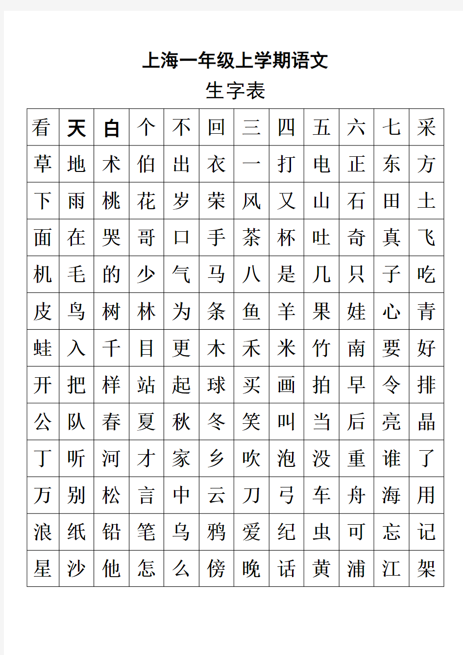 上海一年级语文生字表和组词表