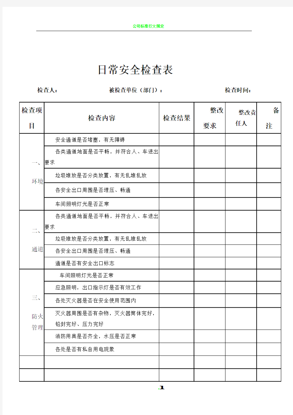 公司日常安全检查表