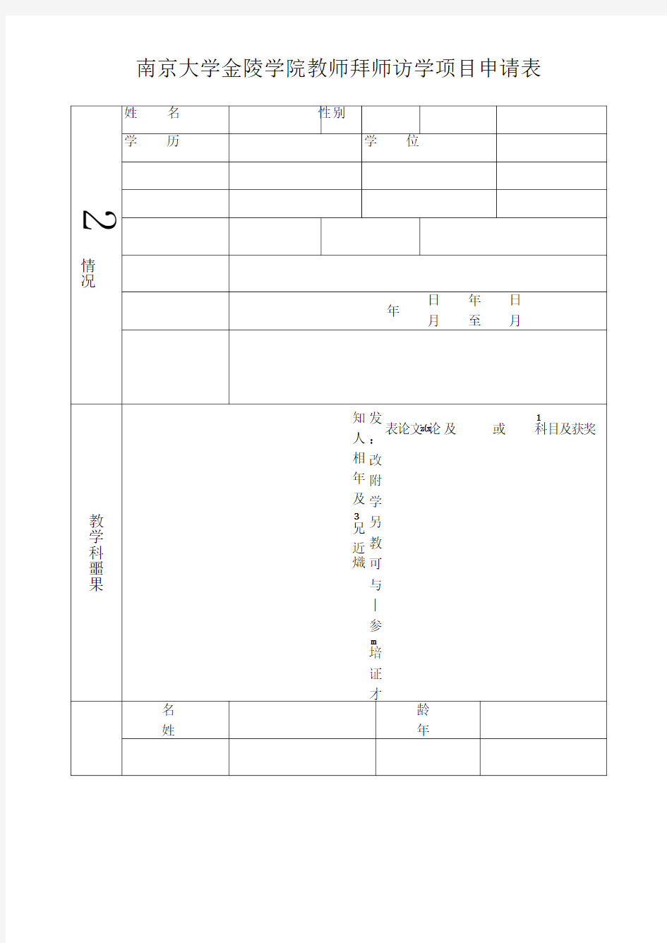 南京大学金陵学院教师拜师访学项目申请表