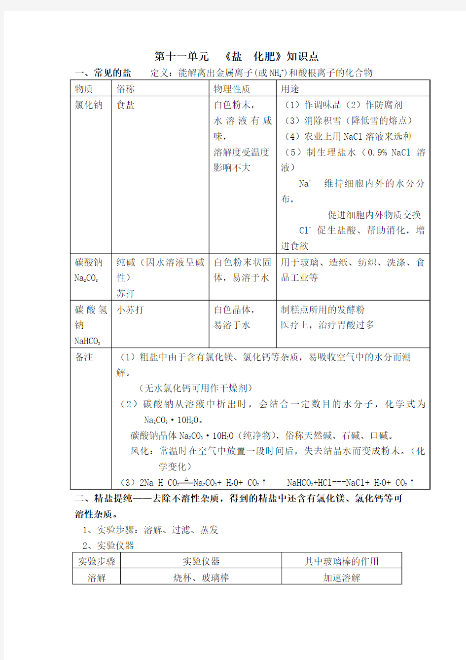 九年级化学第十一单元知识点