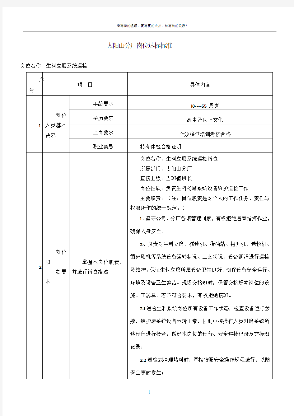 生料立磨巡检工岗位达标标准